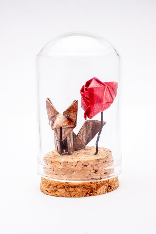 Zorro y rosa de origami dentro de domo de cristal – inspirado en El Principito