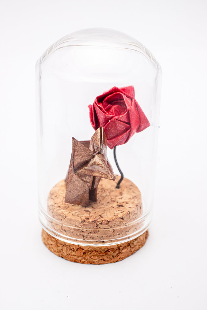 Zorro y rosa de origami dentro de domo de cristal – inspirado en El Principito